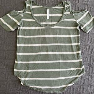 Love Charm Olive Striped Cold Shoulder Tee